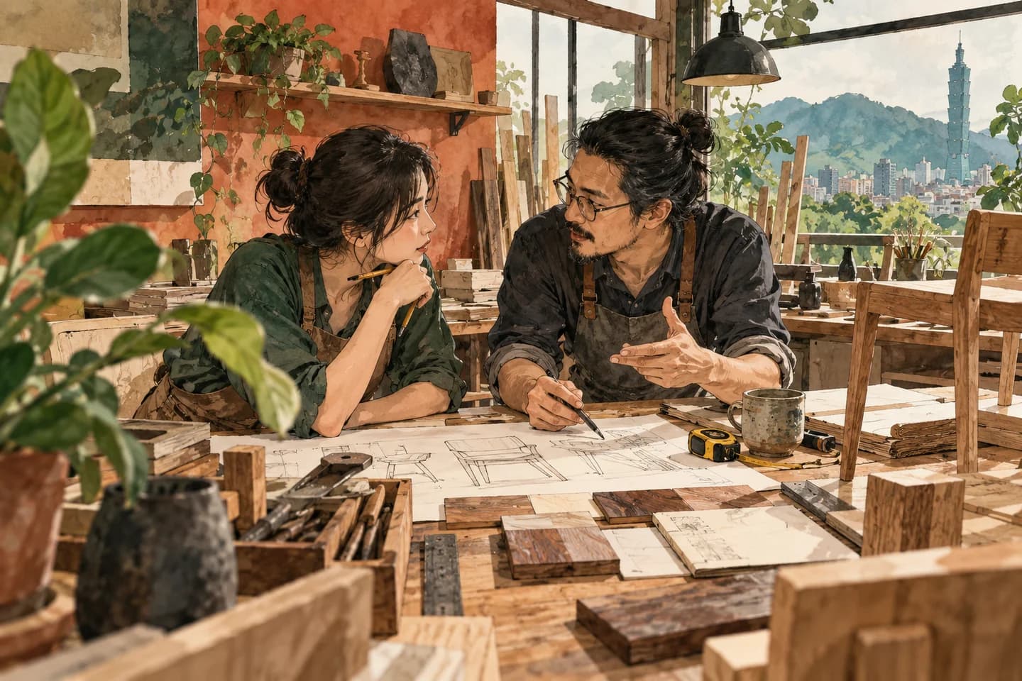 商家與客人在工作桌前討論家具草圖與尺寸的水彩插畫