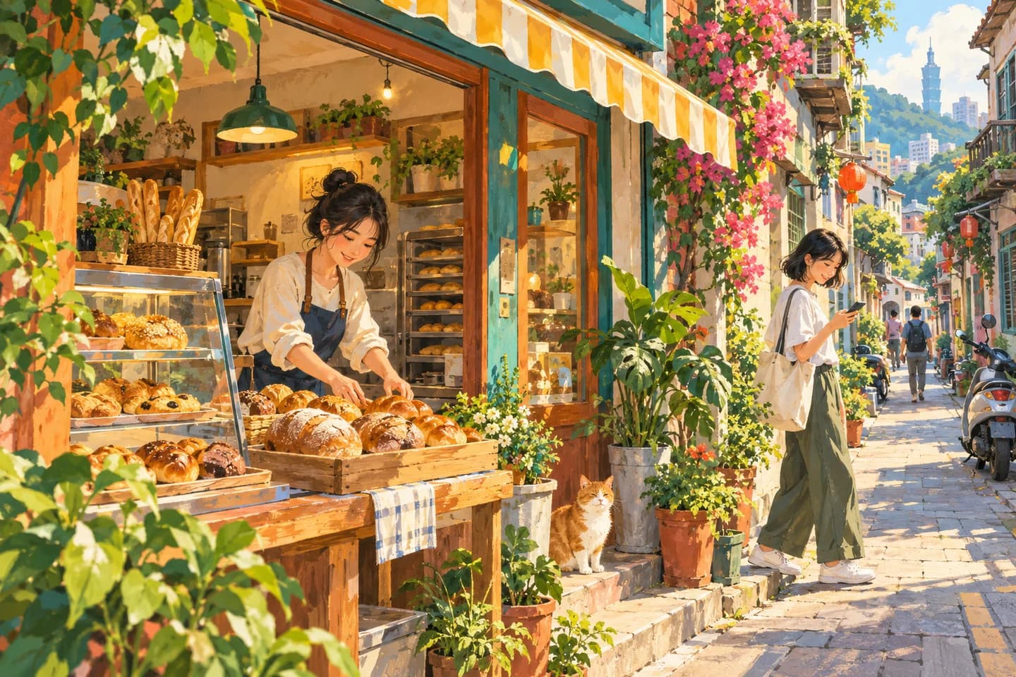 台灣街區烘焙小店開門,店主準備商品,路人用手機尋找店家的編輯插畫