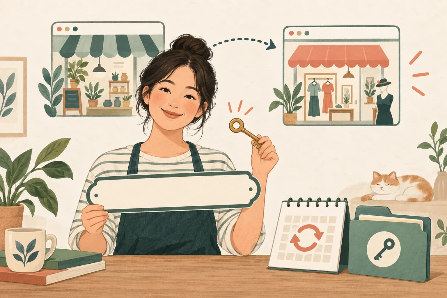店家保管代表網域的門牌與管理鑰匙,換網站時仍確認續用及帳號控制。