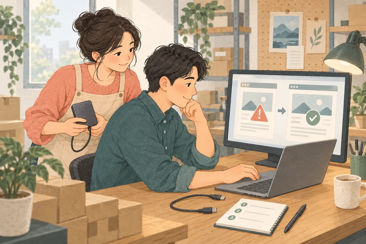 技術人員檢查異常網頁,店主準備備份資料以協助網站復原。