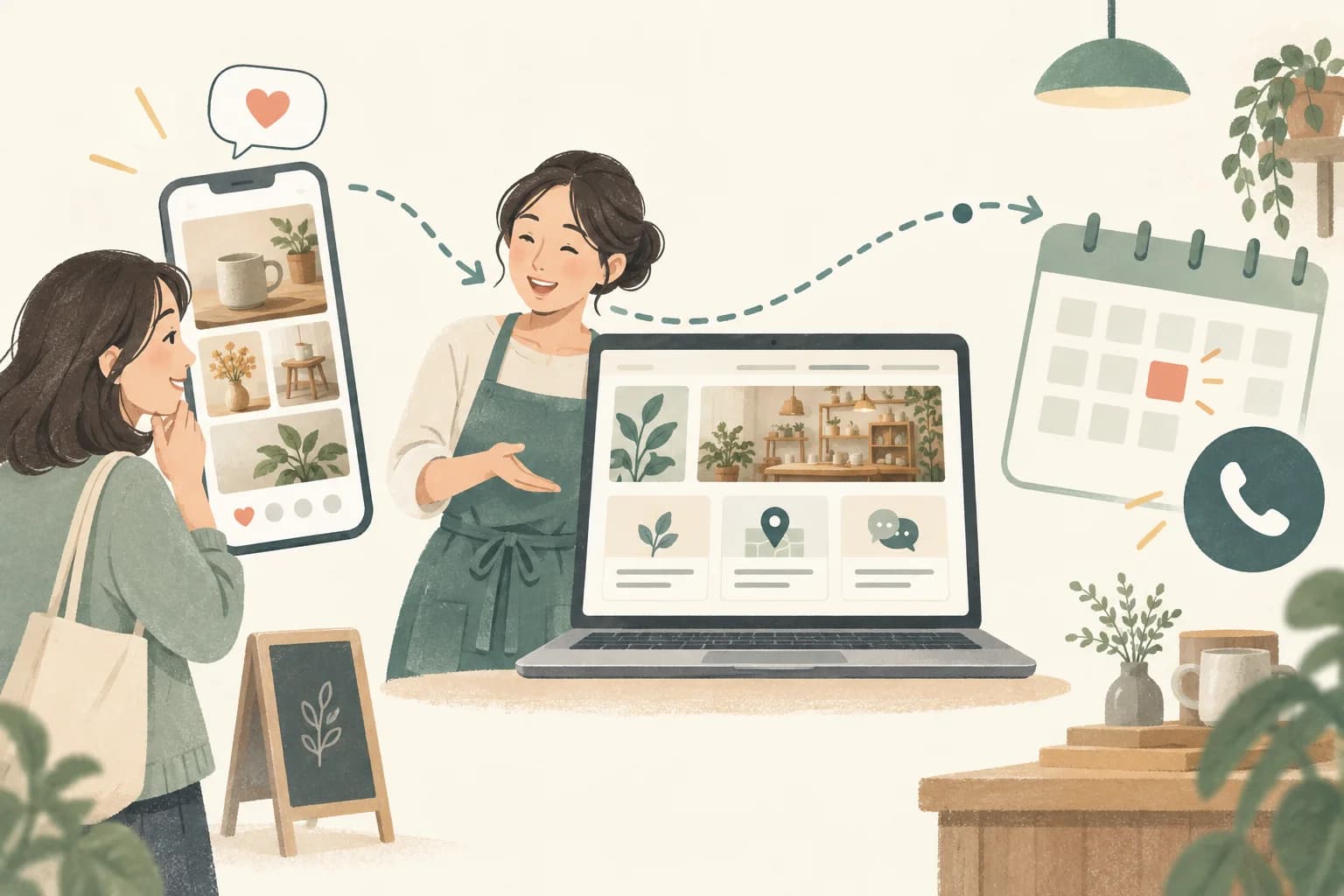 顧客從手機社群內容走到完整網站資訊,再找到聯絡與預約入口。