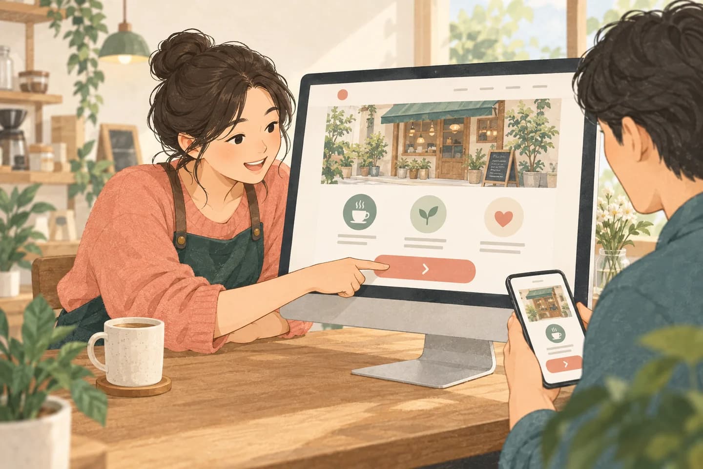 店主檢查單頁網站,訪客用手機確認聯絡入口。