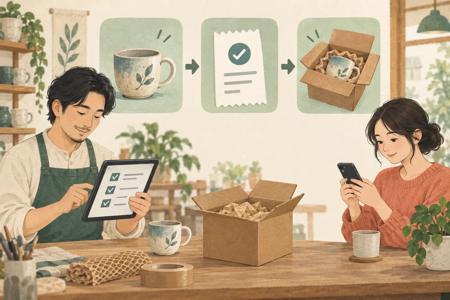 陶器店家核對商品、付款紀錄與包裝交付,顧客在手機查看訂單。