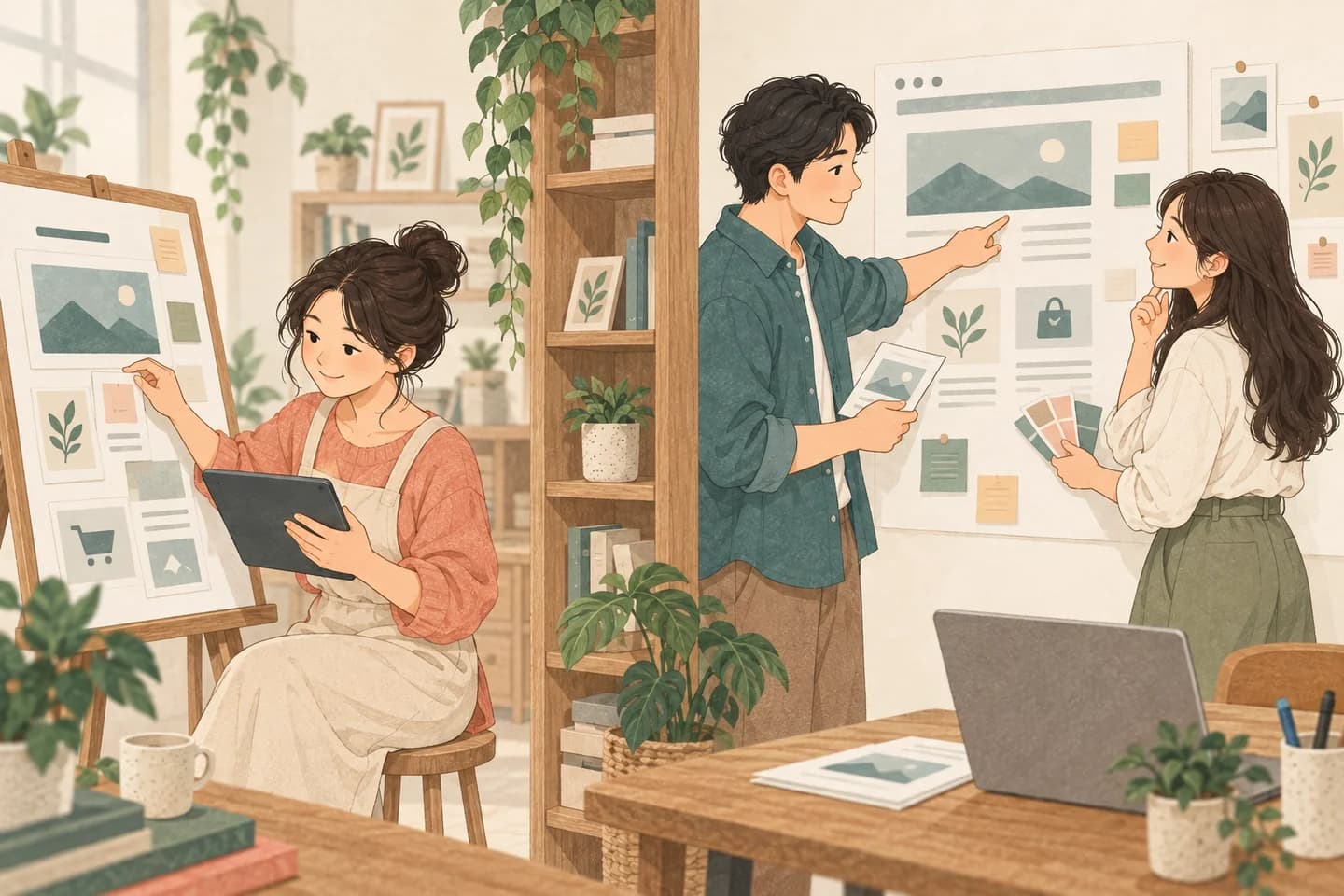 店主自行編排網頁,另一側店主與設計師共同規劃網站。