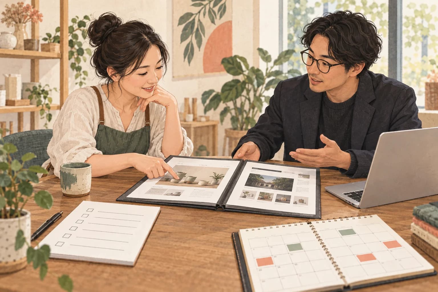 店主與網站製作夥伴打開作品頁面,逐項核對案例、交付內容與後續維護。