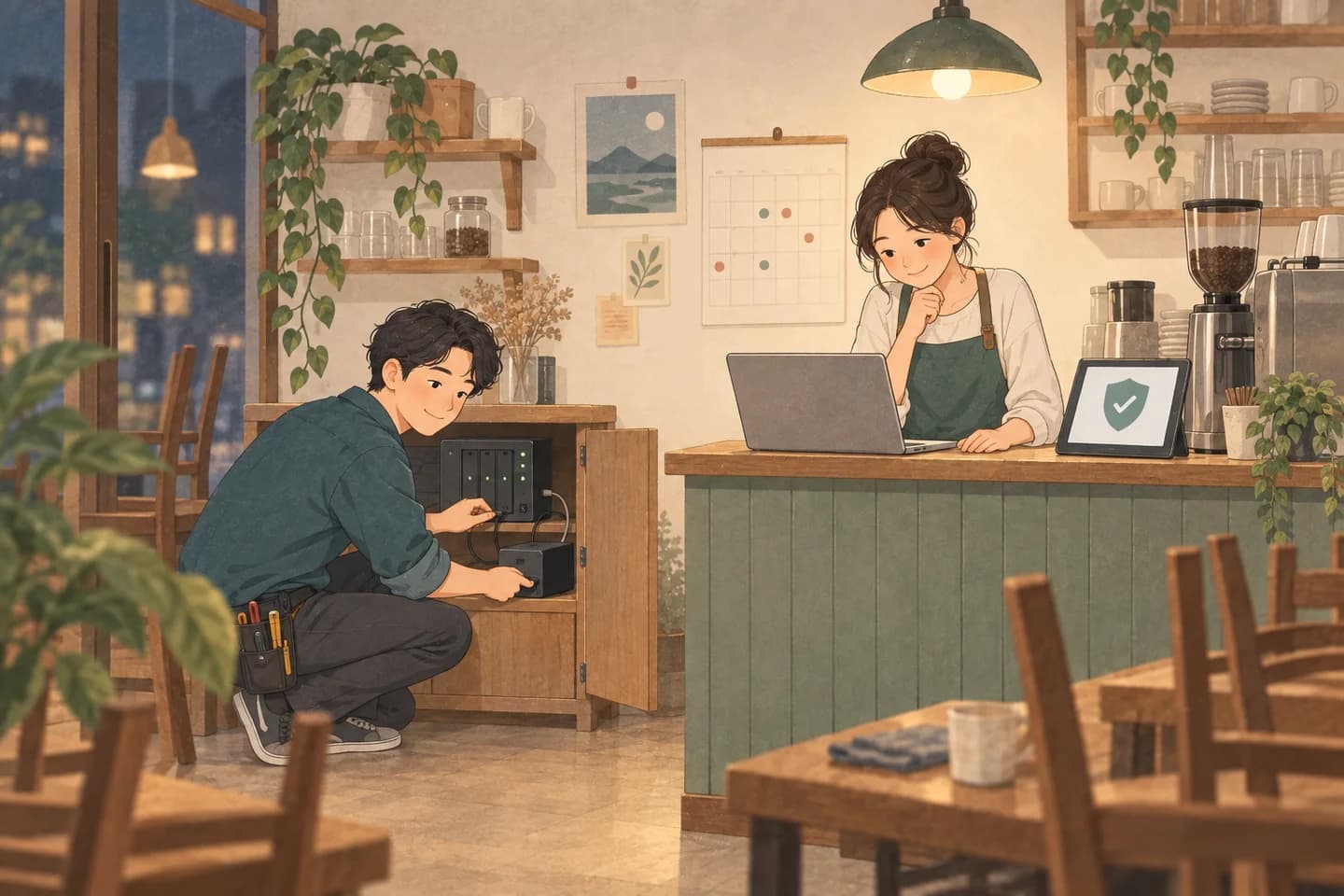 咖啡店店主檢查網站,技術人員整理主機與備份設備。