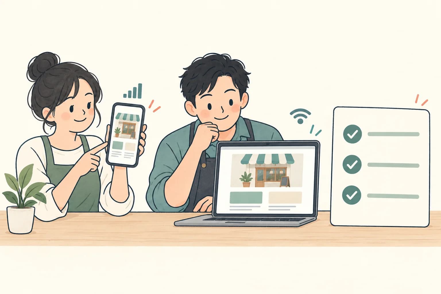 店家分別用手機行動網路與電腦 Wi-Fi 測試同一網站,並逐項記錄驗收結果。