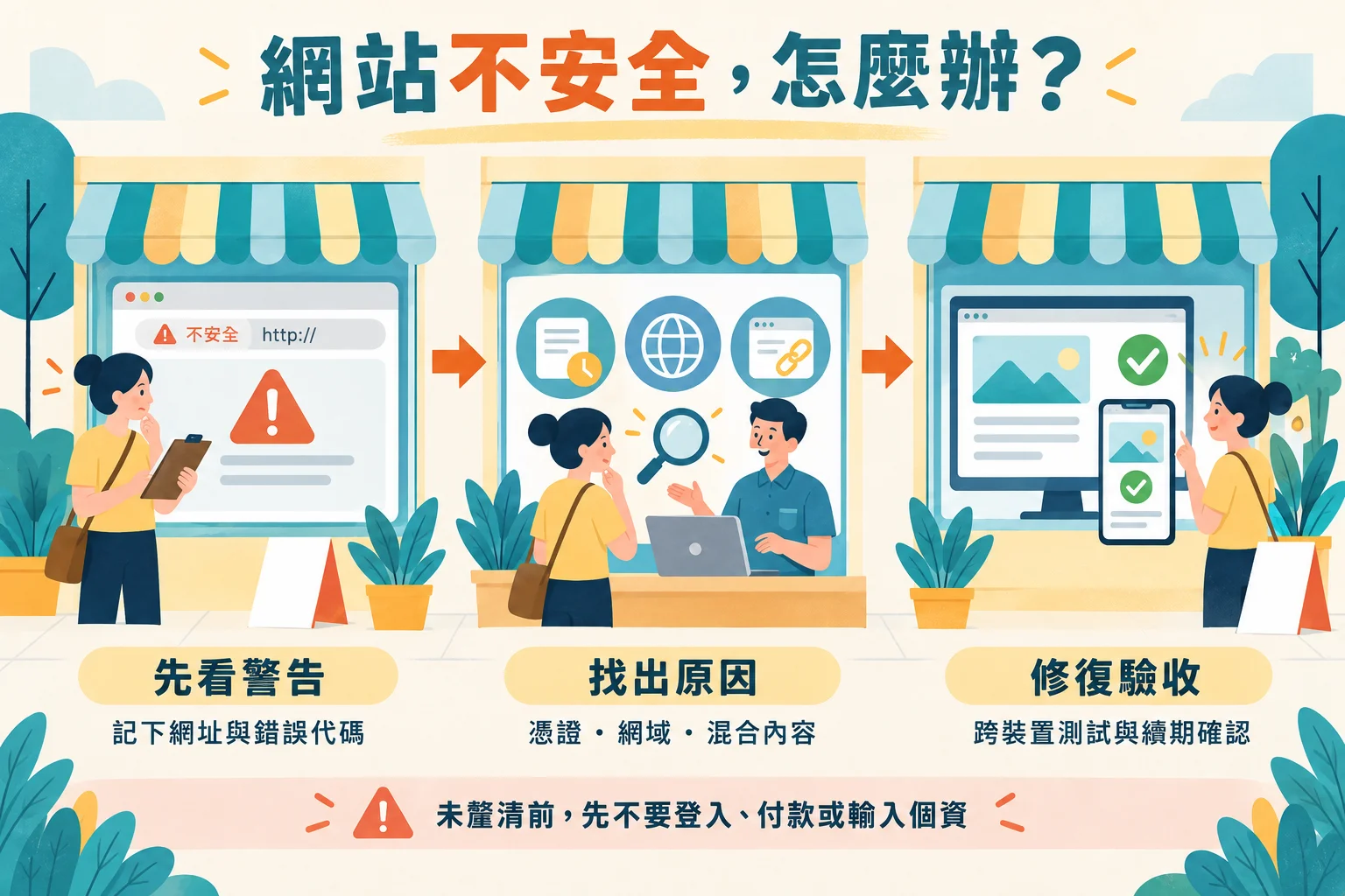 網站不安全處理三步驟:先記下網址與錯誤代碼,再排查憑證、網域與混合內容,修復後跨裝置測試並確認續期。