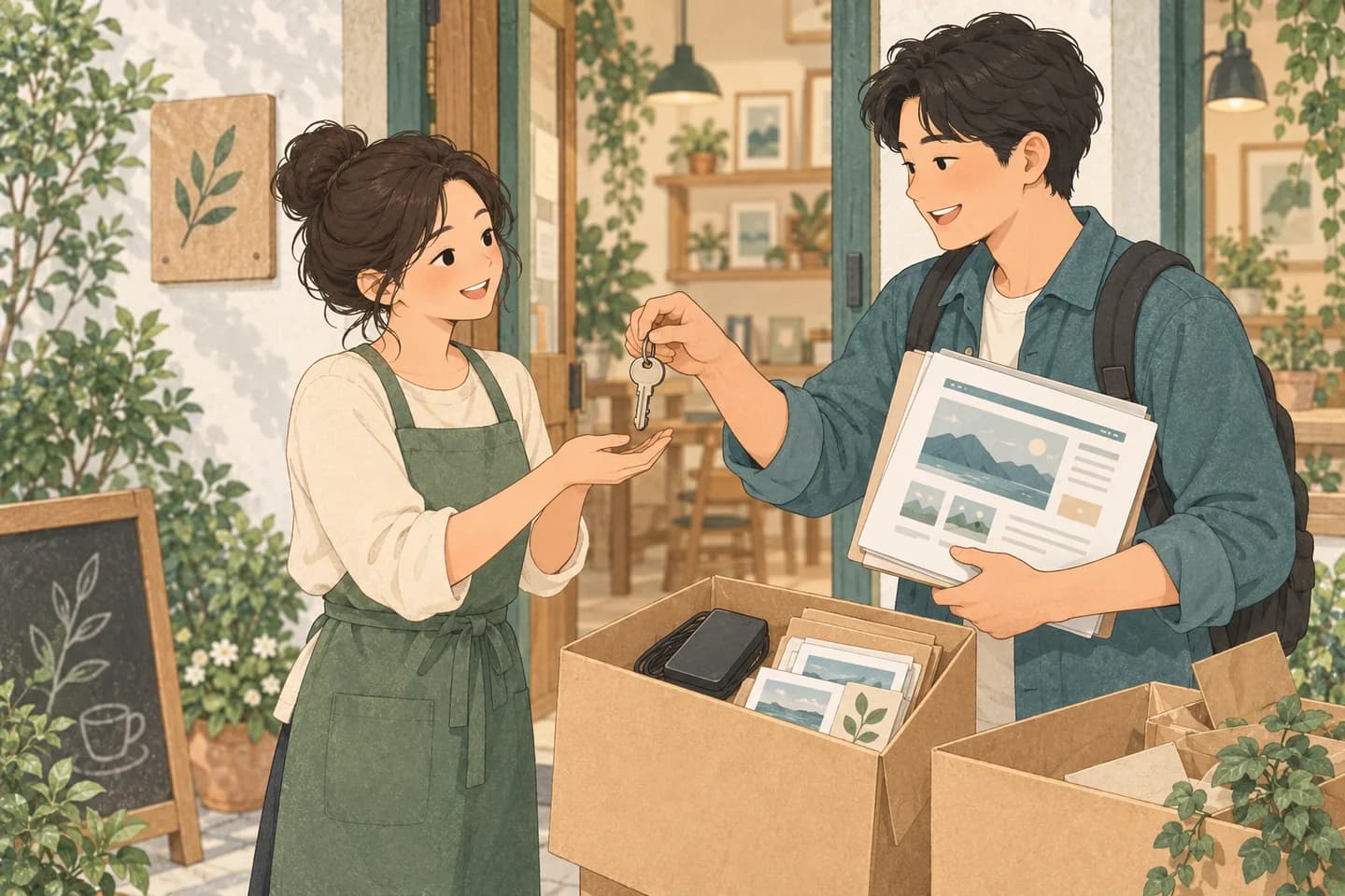 店主在店門口接收鑰匙、網站資料夾與備份,完成網站交接。