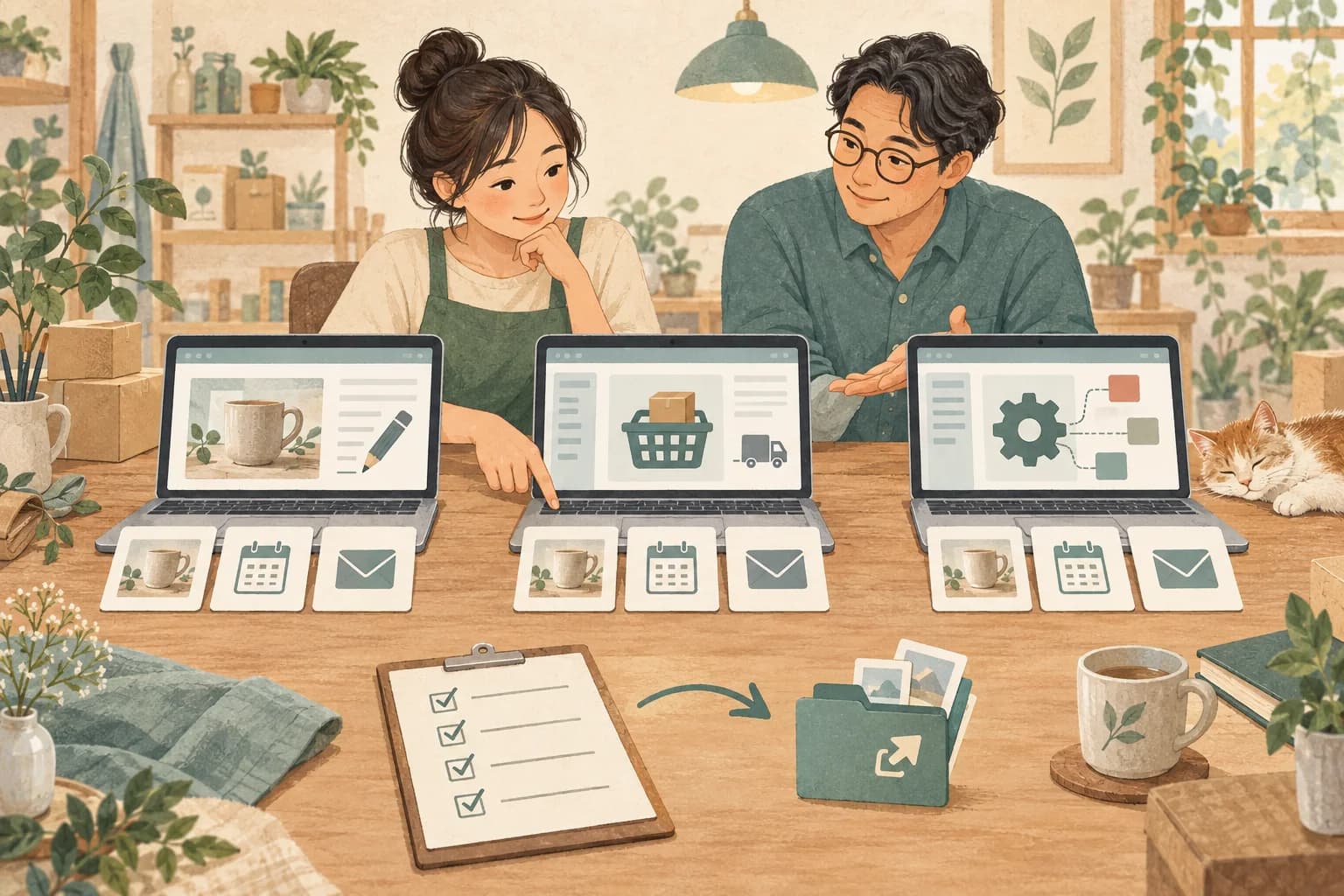 店主用相同的商品、課程與聯絡任務圖卡,檢視三種未標品牌的建站選項。