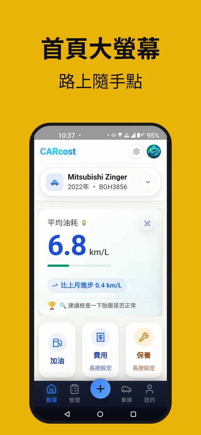 CARCOST 主畫面：本月花費與油耗總覽
